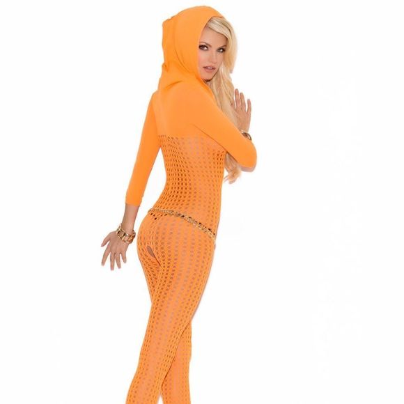 Neon Orange Crochet footless bodystocking with open crotch, 3/4 sleeves and hood - Picture 2 of 5